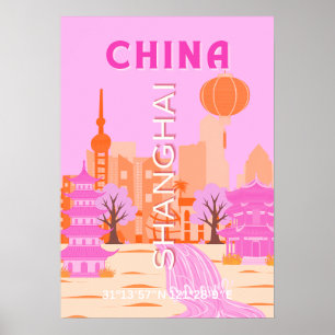 Sjanghai China Roze Reizen Kunst Poster