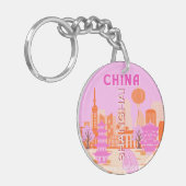 Sjanghai China Roze Reizen Kunst Sleutelhanger (Voorkant Links)