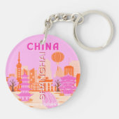 Sjanghai China Roze Reizen Kunst Sleutelhanger (Achterkant)