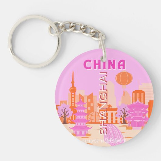 Sjanghai China Roze Reizen Kunst Sleutelhanger (Voorkant)