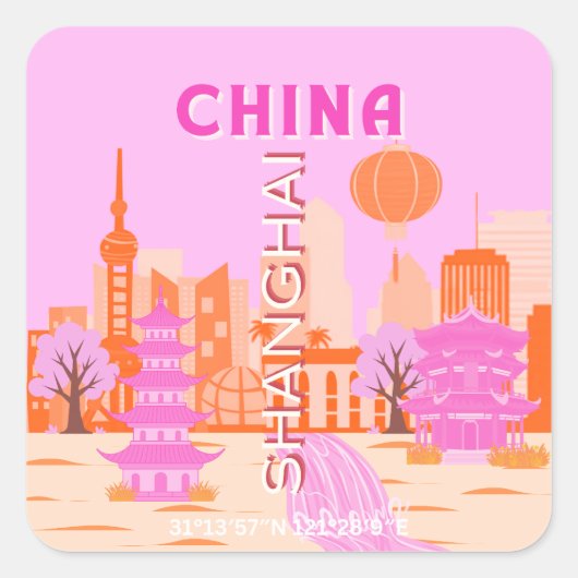 Sjanghai China Roze Reizen Kunst Vierkante Sticker (Voorkant)