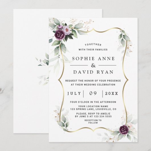 Sjarme Groene Paarse Roze Bloemige Gouden Bruiloft Kaart (Voorkant / Achterkant)
