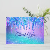 Sjieke blauwe paarse ombre druppende glitters bedankkaart (Staand voorkant)