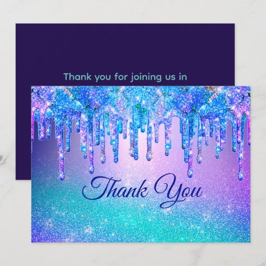 Sjieke blauwe paarse ombre druppende glitters bedankkaart (Voorkant / Achterkant)