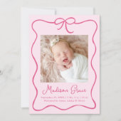 Sjieke Roze Strik Baby Meisje Foto Geboorte Aankondiging (Voorkant)
