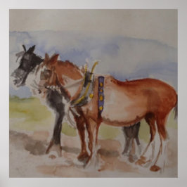 Sjire-paarden bij ploegwedstrijd Aquarel schets Poster