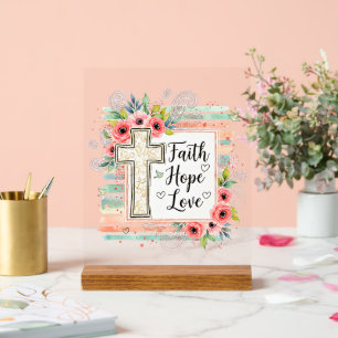 Sjofel Chic bloemig Geloof Hoop Liefde Acryl Bord