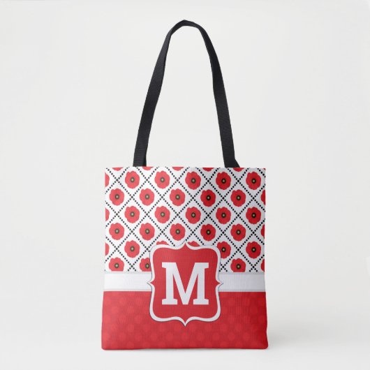 Sjofel Chic Rode, Zwarte & Witte Klaprozen Monogra Tote Bag (Voorkant)