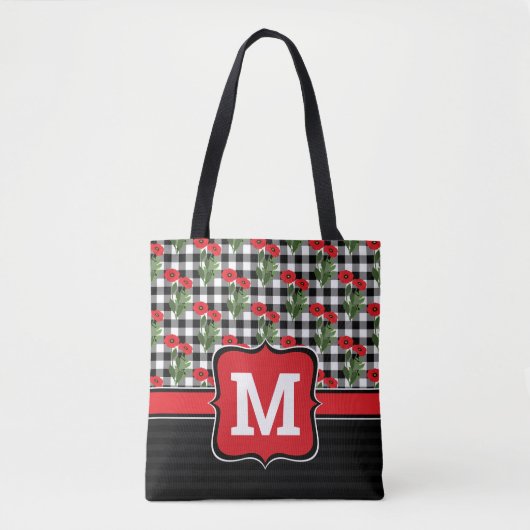 Sjofel Chic Rode, Zwarte & Witte Klaprozen Monogra Tote Bag (Voorkant)