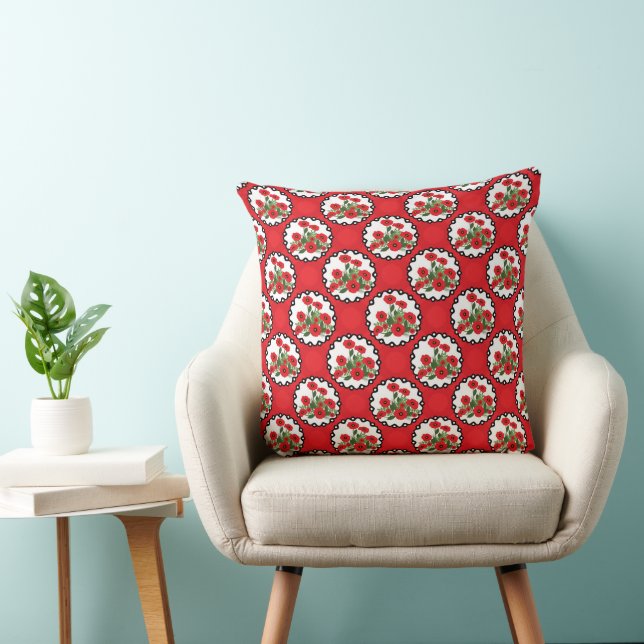 Sjofel Chic Rood, Zwart & Witte Klaprozen Kussen (Stoel)