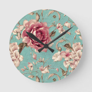 Sjofel Chic Roze en Witte Bloemen op Teal Ronde Klok
