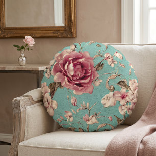 Sjofel chic roze en witte bloemen op turquoise rond kussen