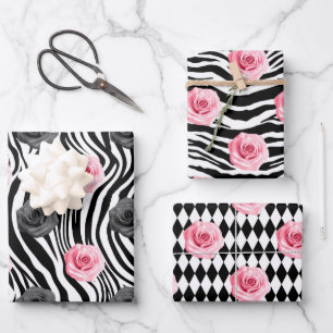 Sjofel Chic Roze en Zwarte Rozen Zebra Strepen Inpakpapier Vel