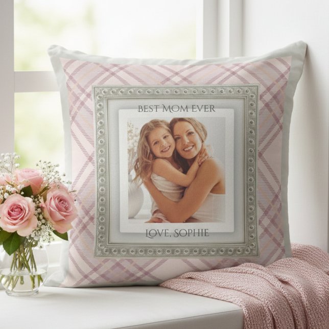Sjofel Chic Roze Geruit Beste Moeder Ooit Foto Kussen (Gift Mom a hug she can keep forever with a shabby chic photo keepsake pillow)