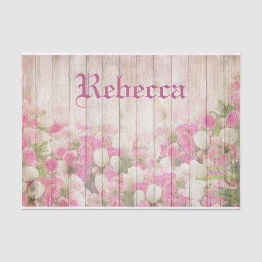 Sjofele Chic Bloemrozen Op Hout Gepersonaliseerde Tissuepapier (Voorkant)