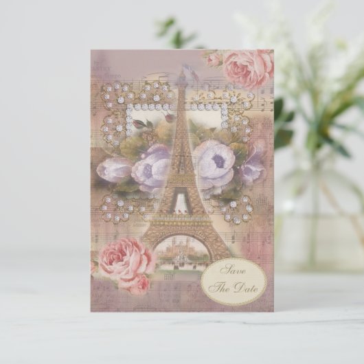 Sjofele Chic Eiffeltoren Bloemige Save the Date Kaart (Staand voorkant)