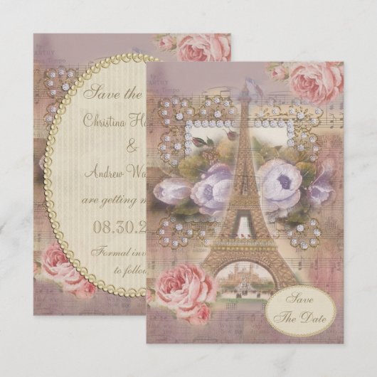 Sjofele Chic Eiffeltoren Bloemige Save the Date Kaart (Voorkant / Achterkant)
