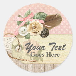 Sjofele Chic Landelijk Hout, Antieke Kant & Veer Ronde Sticker