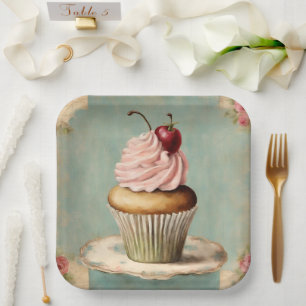 Sjofele Chic Vintage Franse Landelijke Roze Cupcak Papieren Bordje