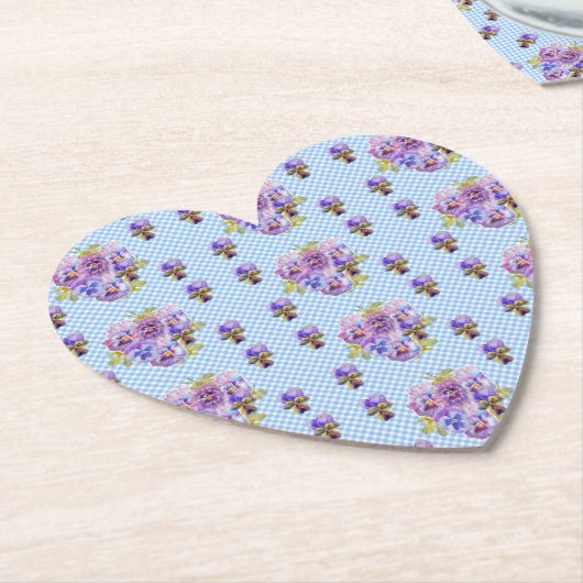 Sjofele driekleurige viooltjes bloemen blauwe geru kartonnen onderzetters (Gekanteld)