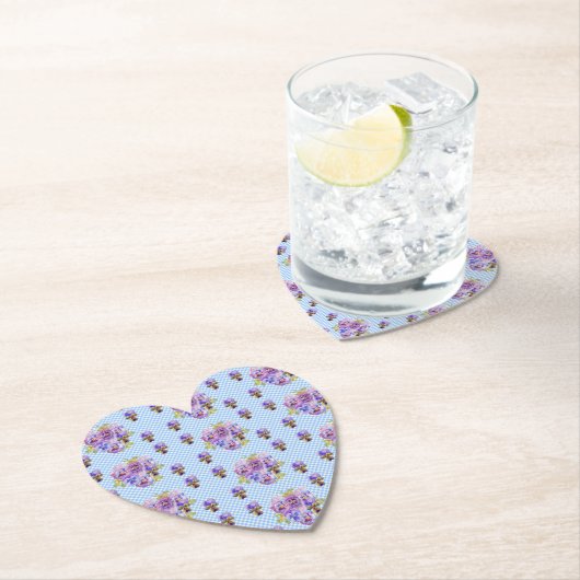 Sjofele driekleurige viooltjes bloemen blauwe geru kartonnen onderzetters (Insitu)