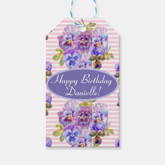 Sjofele Roze Viooltje Bloemige Feest Paarse Streep Cadeaulabel (Voorkant)