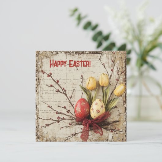 Sjofte waterverf rode en gele paaseieren feestdagenkaart (Staand voorkant)