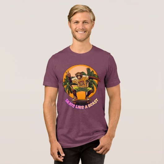 Skate Like a Beast Cool Chimpanzee Skater Design Tri-Blend Shirt (Voorkant volledig)