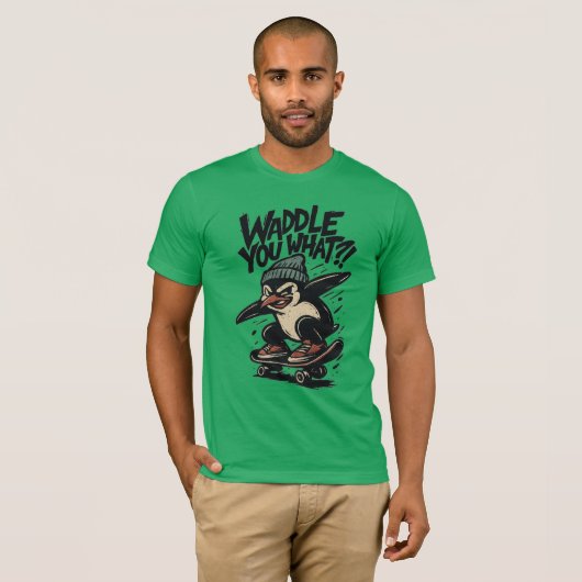 Skate-Punk Penguin “Waddle You What?!” Design T-shirt (Voorkant volledig)