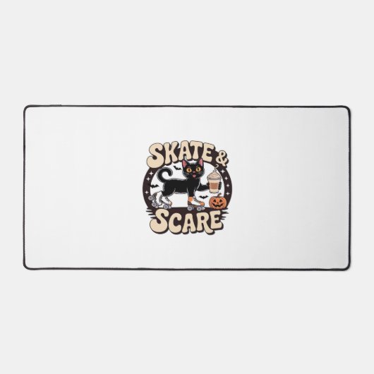 Skate & Scare – Cute Black Cat Roller Skating Over Bureaumat (Voorkant)