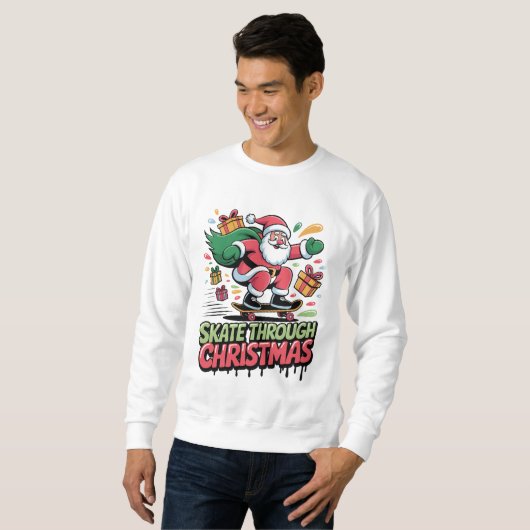 Skate Through Christmas — Skateboard Santa Tee Trui (Voorkant volledig)