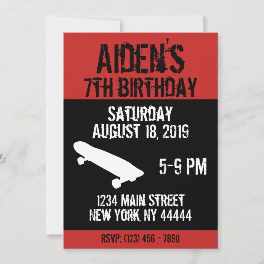 Skateboard Birthday Invitation, Schaats board, tee Kaart (Voorkant)