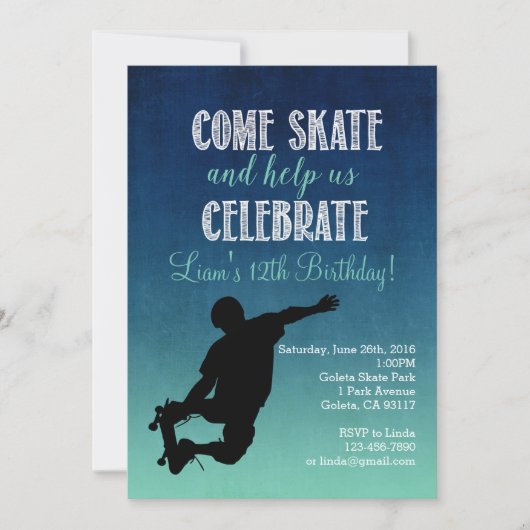 Skateboard Birthday Party Invitation Kaart (Voorkant)