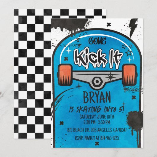 Skateboard blauw kaart (Voorkant / Achterkant)