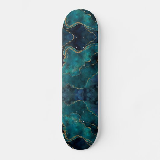 Skateboard - Blauwe en Teal Marmer Met Gouden Ader (Voorkant)