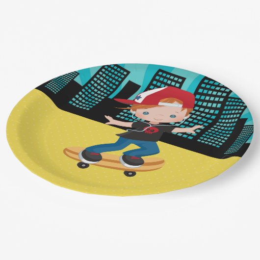 Skateboard boy - kies uw achtergrondkleur papieren bordje (Gekanteld)
