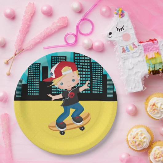 Skateboard boy - kies uw achtergrondkleur papieren bordje (Feest)
