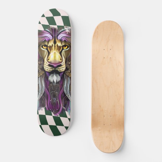 Skateboard Checkered Retro green paars Lion (Voorkant)