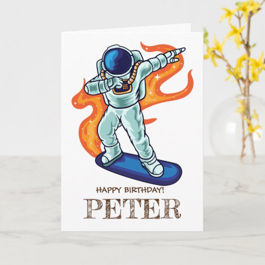 SKATEBOARD Cute astronaut in de ruimte. Kaart (Gele Bloem)
