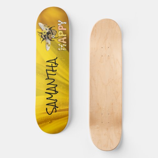 Skateboard - Gepersonaliseerd geel bij - gelukkig (Voorkant)