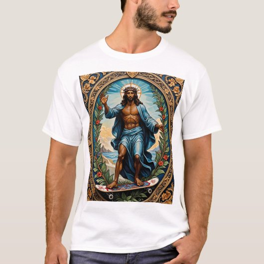 Skateboard Jesus Sacred Art Grappig Religieus T-Sh T-shirt (Voorkant)