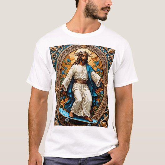 Skateboard Jesus Sacred Art Grappig Religieus Tshi T-shirt (Voorkant)