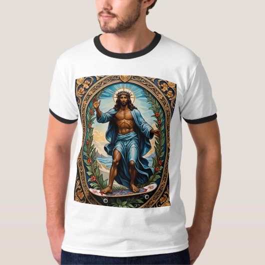 Skateboard Jesus Sacred Icon Art Graphic T-shirt (Voorkant)