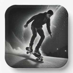 Skateboard jongen met bliksem papieren bordje