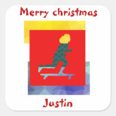skateboard kerstcadeau, gepersonaliseerde naam vierkante sticker (Voorkant)