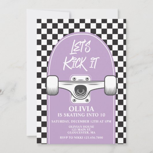 Skateboard Laten we het paarse verjaardagsuitnodig Kaart (Voorkant)