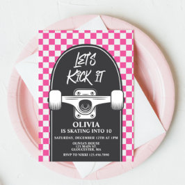 Skateboard Let's Kick It PINK verjaardagsuitnodigi Kaart