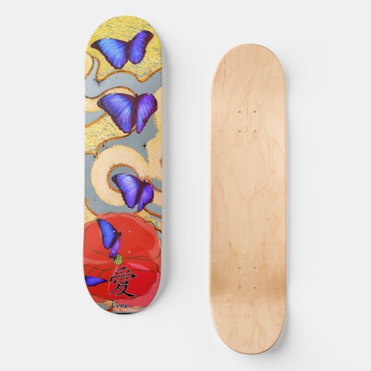 SKATEBOARD MET BUTTERFLIES EN KANJI-LIEFDE KANJI (Voorkant)