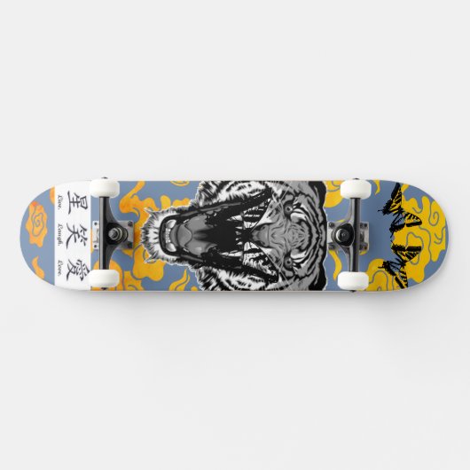 SKATEBOARD MET JAPANESE TIGER EN GEEL CLOUDS (Horizontaal)