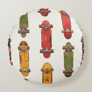 "Skateboard Onder Dek" Vintage Patroon Rond Kussen